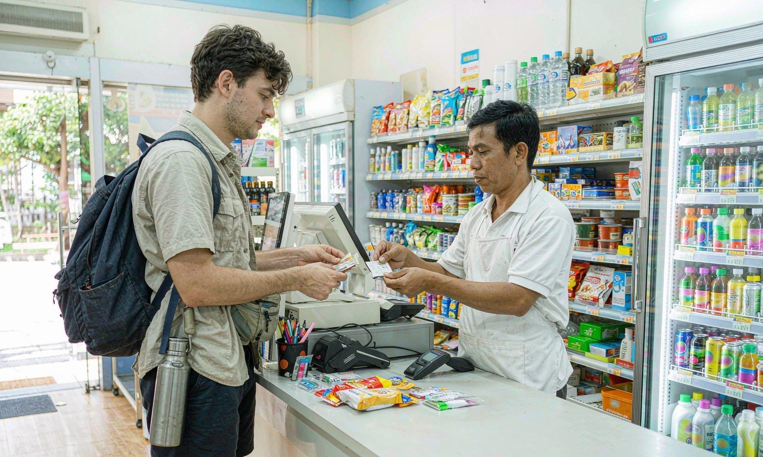 旅客在泰國便利商店櫃台購買 SIM 卡與儲值,超商是泰國預付文化的核心
