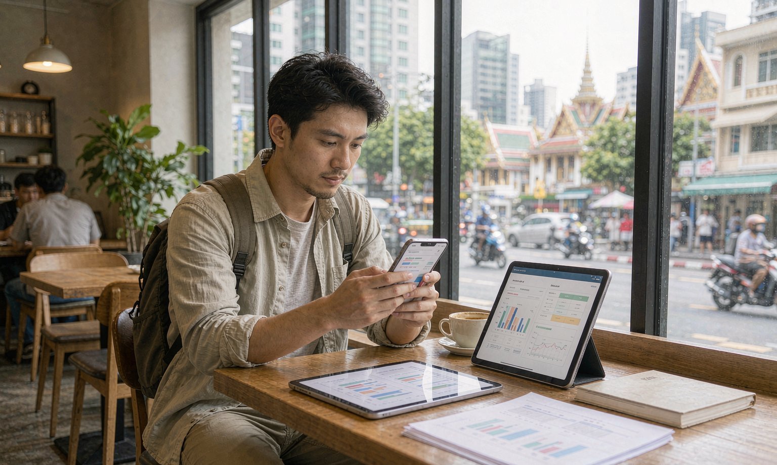 在曼谷咖啡廳用平板與手機比對泰國 eSIM 流量方案